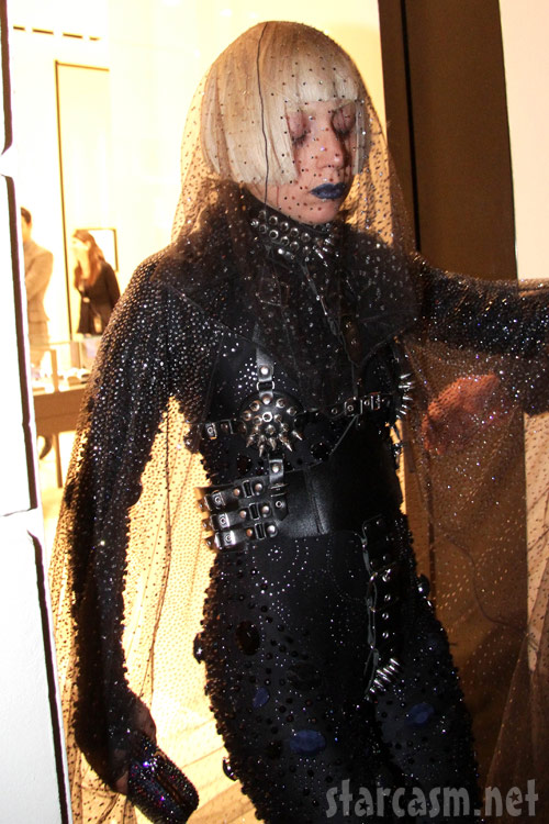 Lady Gaga in black leather and metal spikes and studs in Milan December 3 2010