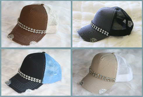 Four varieties of Diamond trucker hats from Alexis Bellino and Glitzy Bella