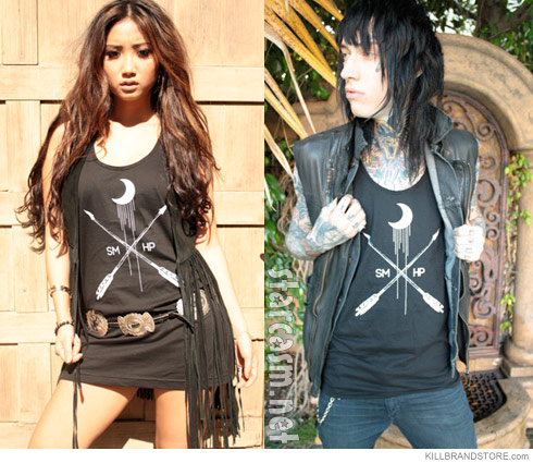 Brenda Song and Trace Cyrus modeling matching SMHP shirts