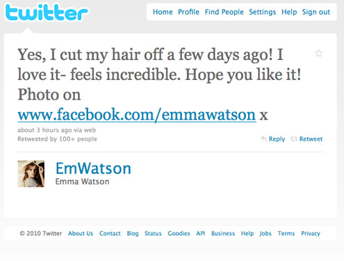 Emma Watson twets about her hair cut