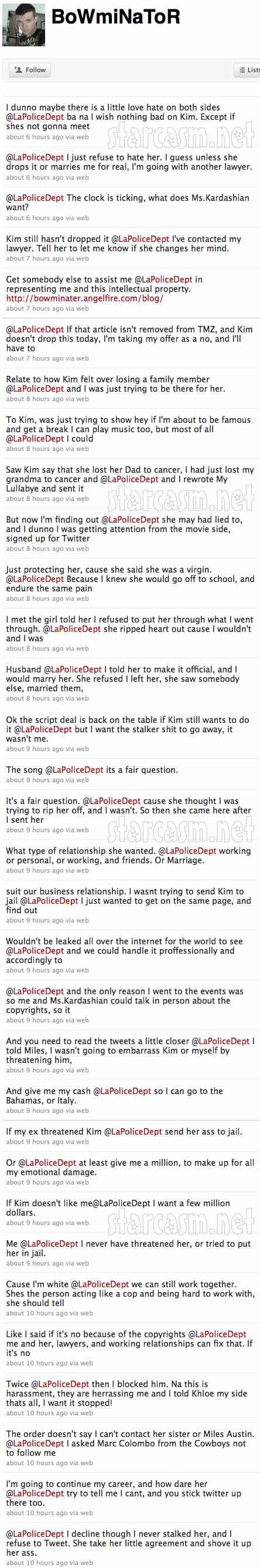 Kim Kardashian stalker Dennis Shaun Bowman's Twitter account 1 of 2