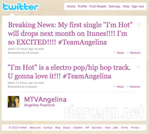Angelina Pivarnick announces on Twitter she will release the single "I'm Hot"