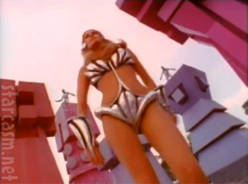Raquel Welch dances in front of the Ruta de la Amistad public sculpture project at the 1968 Olympics in Mexico City