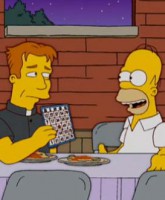 Homer Simpson is shown the joy of Bingo at a Catholic Church