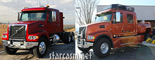 Side-by-side of a Volvo VHD 430 and a customized Volvo pickup