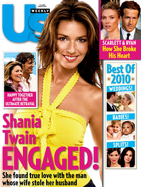 Us Weekly magazine cover announcing Shania Twain's engagement to Frederic Thiebaud