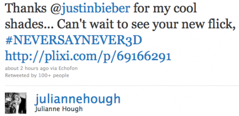 Cap of Julianne Hough's tweet out to Justin Bieber