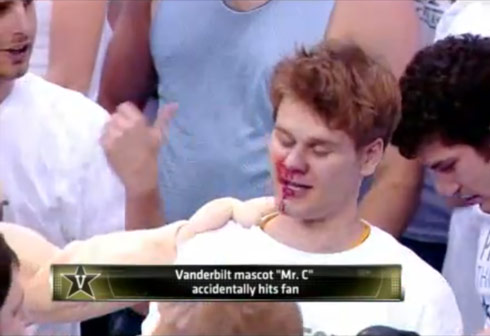 Vanderbilt Commodores mascot Mr. C punches a fan in the face causing a bloody nose