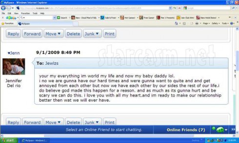 Myspace message from Jennifer Del Rio to a former boyfriend claiming she was pregnant
