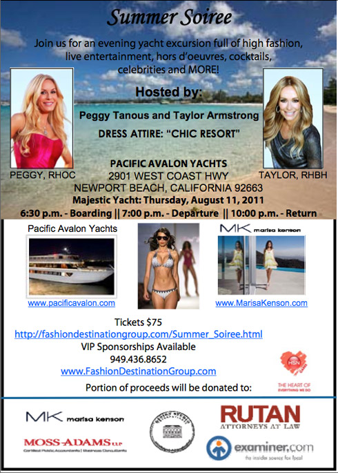 Flyer for Summer Soiree cruise featuring Real Housewives Peggy Tanous and Taylor Armstrong