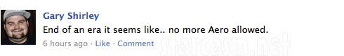 Gary Shirley announces on Facebook that he can't wear Aero any more