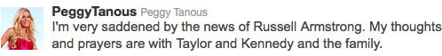 RHOBH cast member Peggy Tanous tweets about cast mate Russell Armstrong's apparent suicide by hanging