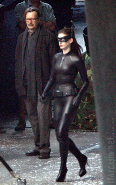 Gary Oldman and Anne Hathaway in her Catwoman costume on set of Dark Knight Rises