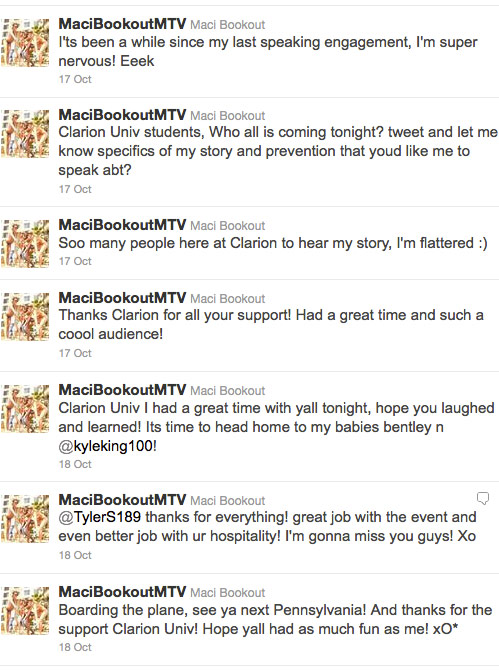 Teen Mom Maci Bookout tweets about her talk at Clarion University in Pennsylvania