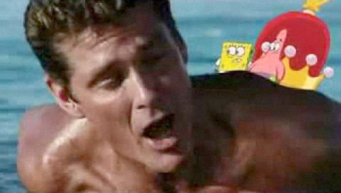 Spongebob Squarepants surfs on David Hasselhoff's back in The Spongebob Movie