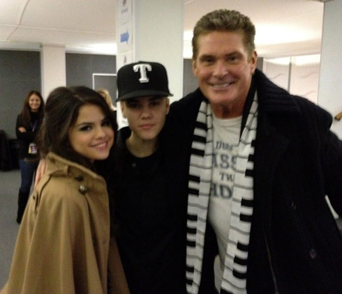 Selena Gomez and Justin Bieber pose with David Hasselhoff in Belfast Noerthern Ireland