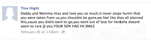 Tina Hight facebook post about her son John Todd Hight, Jr.