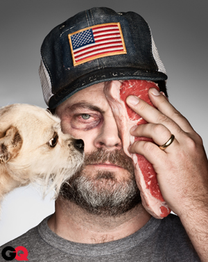 Nick Offerman with a black eye, a steak, and a dog for GQ