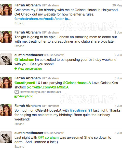 Austin Mathouser and Farrah Abraham tweet about partying together for Farrah's 21st birthday