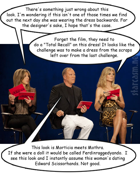 Project Runway judges weigh in on Rebecca Ferdinando's look at the London Total Recall Premiere