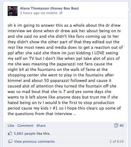 June Shannon's Statement Dr. Drew Alana Thompson sleeping Honey Boo Boo Child