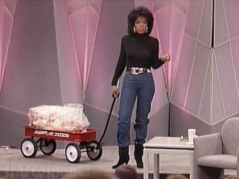 Skinny Oprah Winfrey rolls out a wagon full of fat on her show