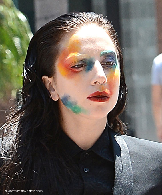 Lady Gaga wears rainbow makeup, multi-colored face PHOTOS, dark hair