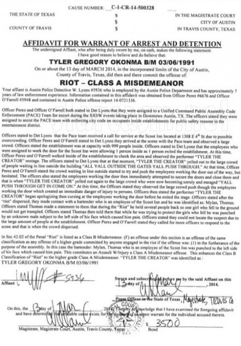 Tyler the Creator Austin arrest affidavit Tyler Gregory Okonma