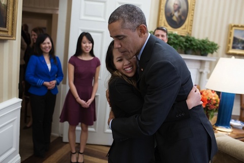 President Obama greets Ebola survivor Nina Pham with a hug