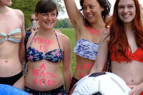 Protestors hold a demonstration in Hyde Park against Protein World’s 'Beach Body Ready' advertisement Featuring: Atmosphere Where: London, United Kingdom When: 02 May 2015 Credit: WENN.com