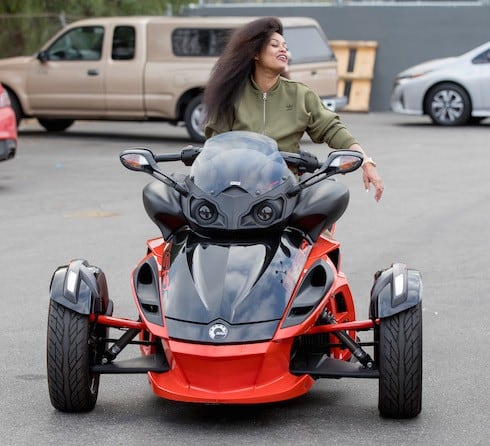Blac Chyna cruises her three wheel Can Am motorcycle in Los Angeles, CA
