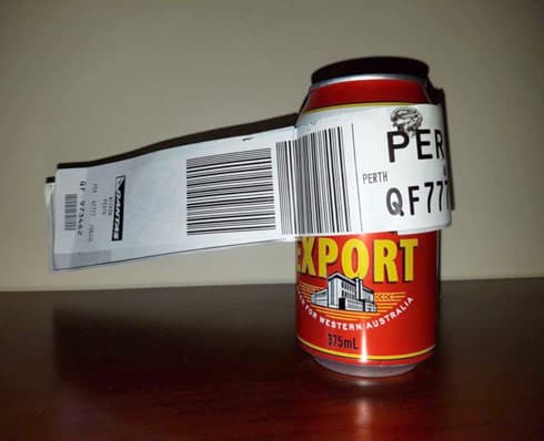Man checks a can of beer as luggage in Australia