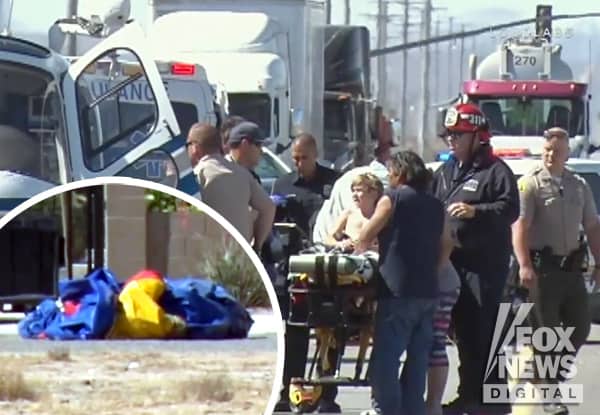 bounce house blows into road with child inside, hit by car