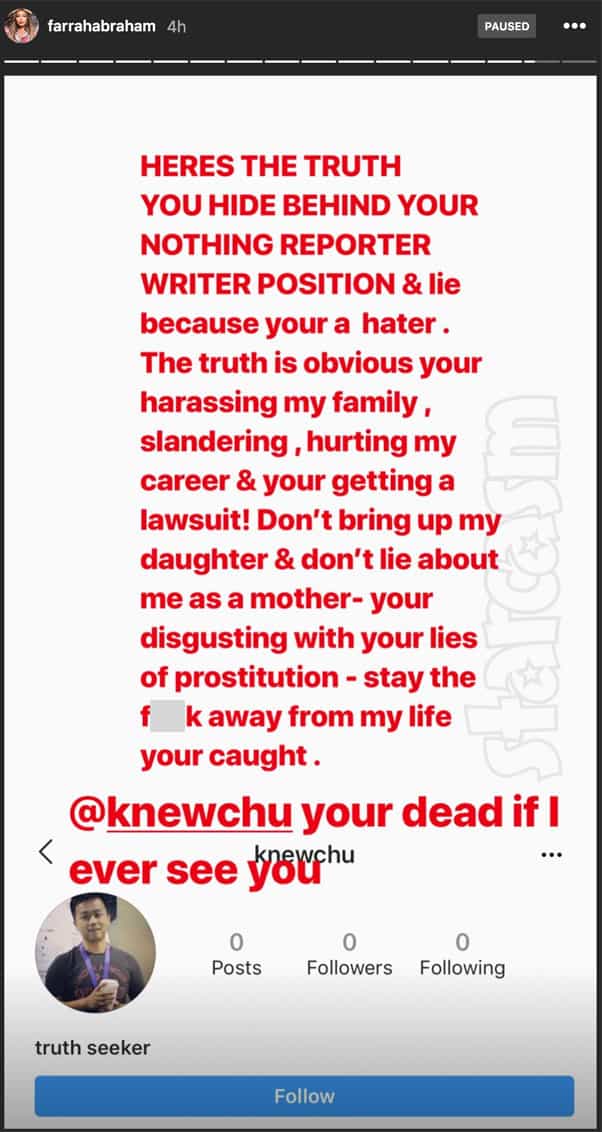 Former Teen Mom OG star Farrah Abraham responds to prostitution claims with angry Instagram threat