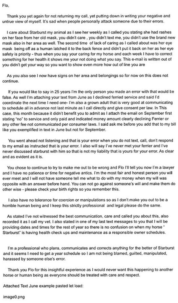Farrah Abraham email to horse boarder from Yelp review