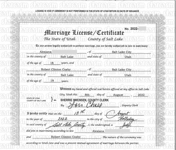 Robert Cosby Jr marriage certificate