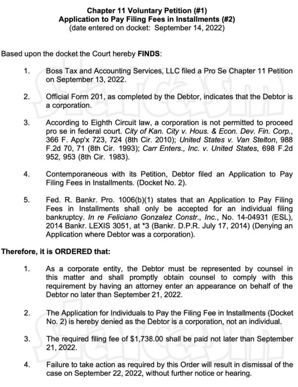 Boss Tax and Accounting Services failed bankruptcy filing 2022