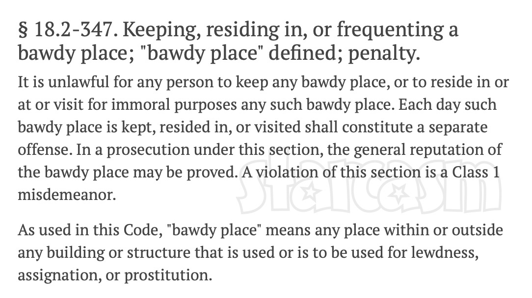 Virginia law against residing in a bawdy place