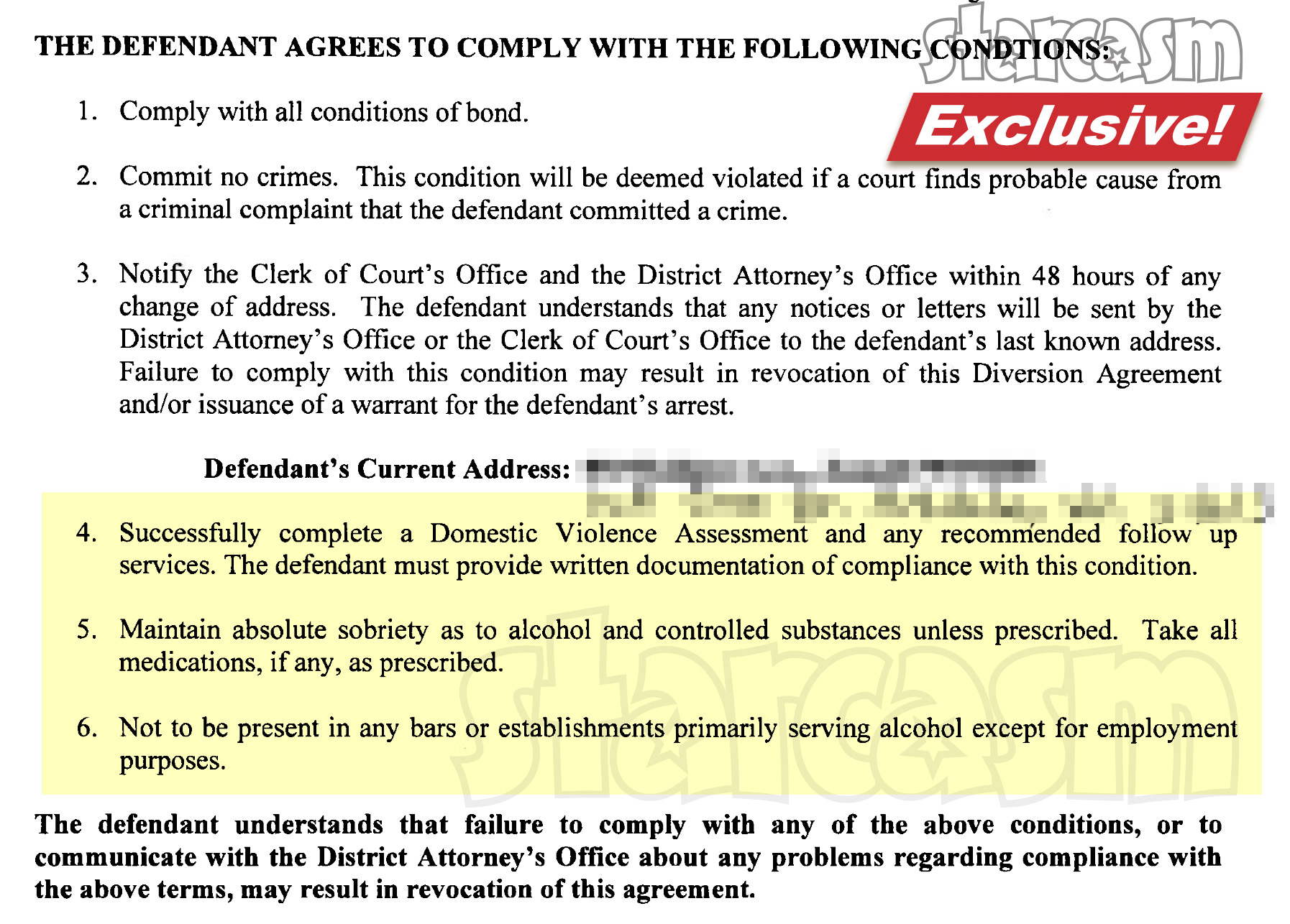 Eric rosenbrook's diversion requirements include no alcohol for 12 months