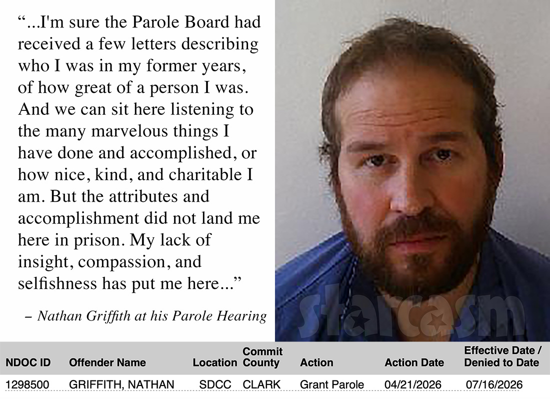 Nathan Griffith granted parole after parole hearing in April, 2026