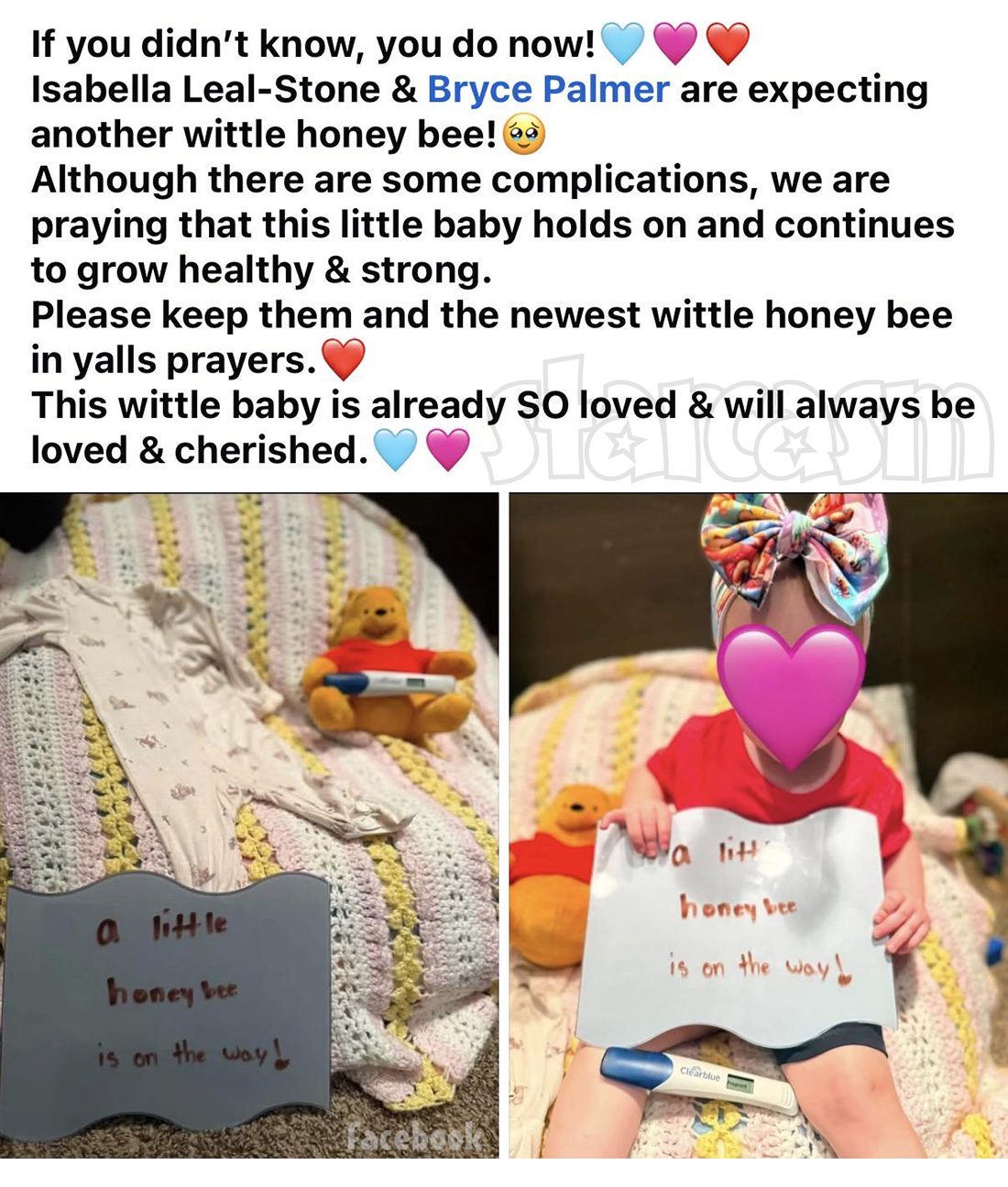 Isabella Leal-Stone pregnancy announcement by her sister on Facebook.