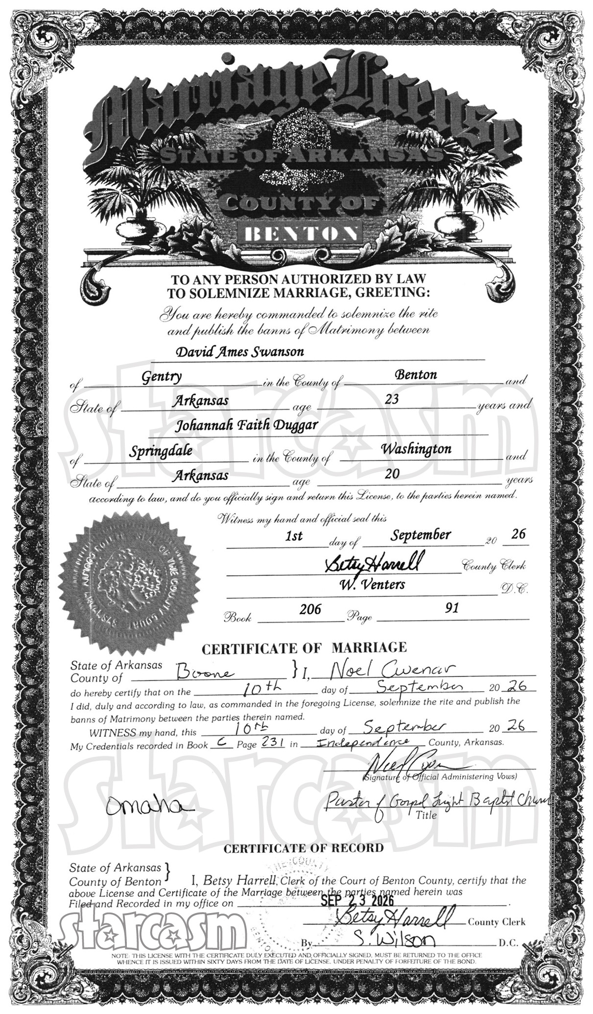 David Swanson and Johannah Duggar marriage certificate and marriage license via Starcasm