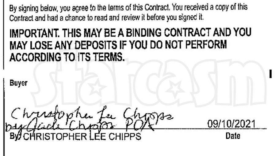 Chris Chipps and Jade Shipps' signatures on the purchase agreement for their 2021 fifth wheel camper